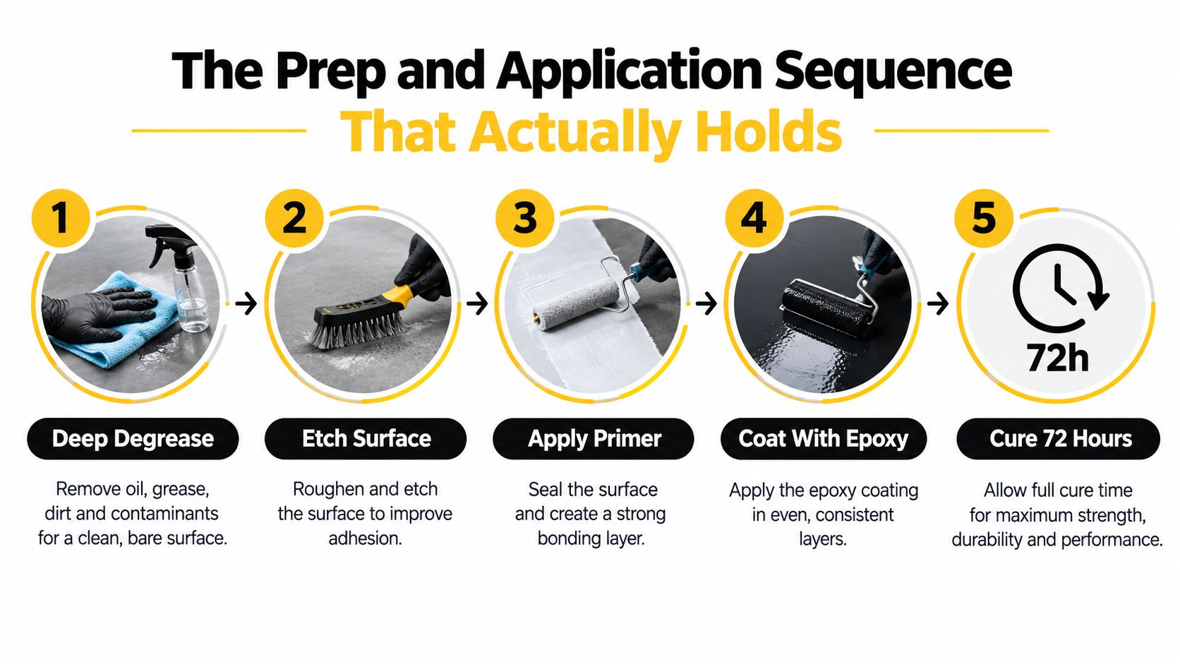 A five-step infographic showing the proper surface preparation and application sequence for applying epoxy coatings.