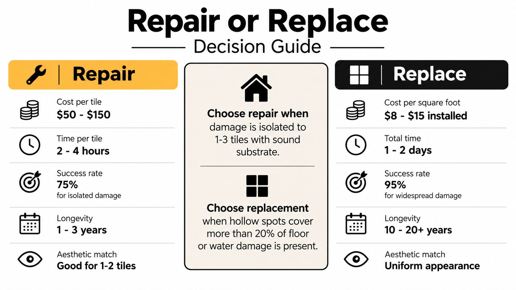 A decision guide infographic comparing the pros and cons of tile floor repair versus full floor replacement.