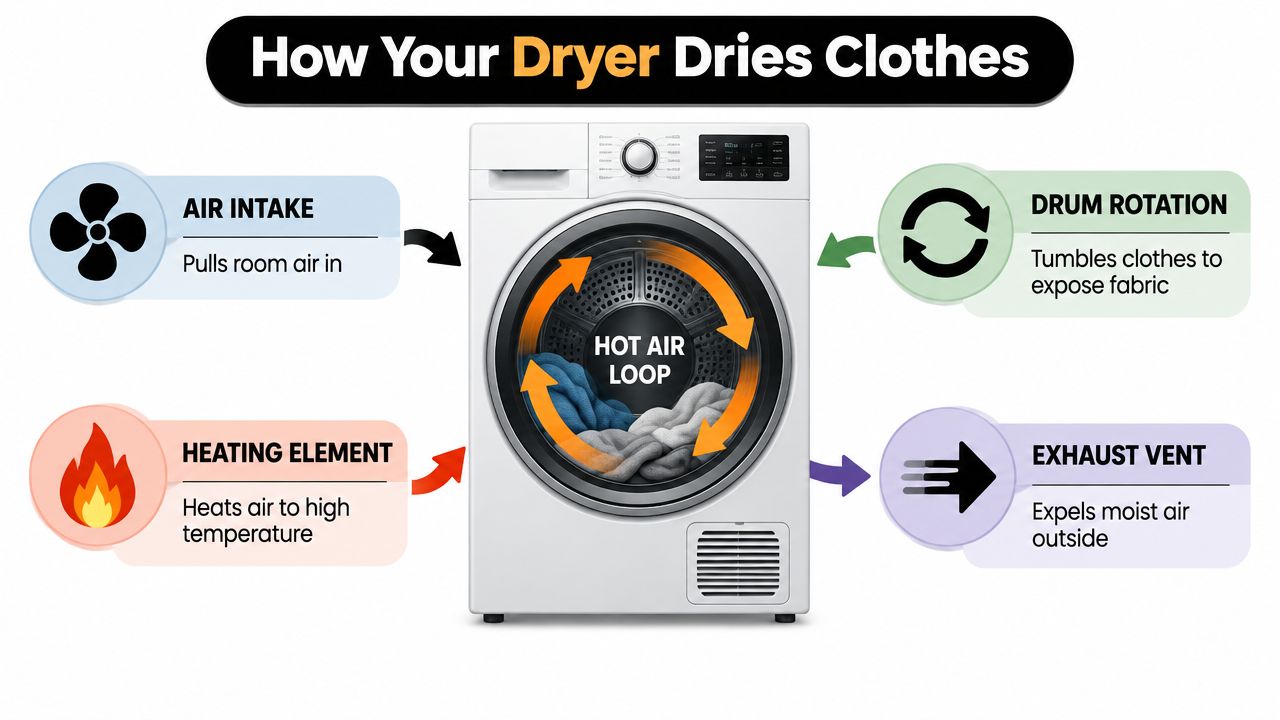A diagram illustrating the four main components of a clothes dryer and how they function together.