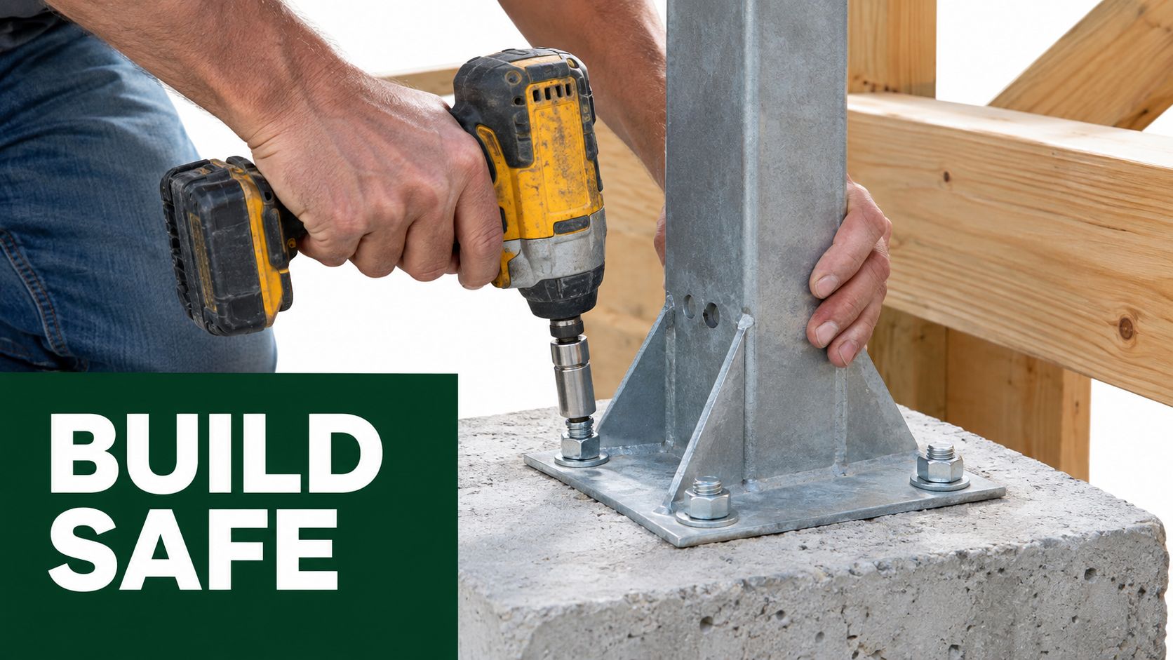 A construction worker uses a power drill to secure a metal post base to a concrete block.