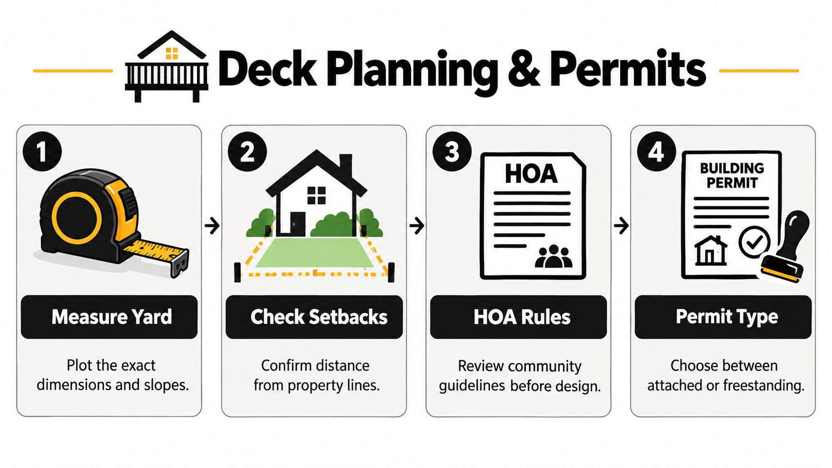 An infographic showing four steps for planning a deck, including measuring, checking setbacks, reviewing HOA rules, and permits.
