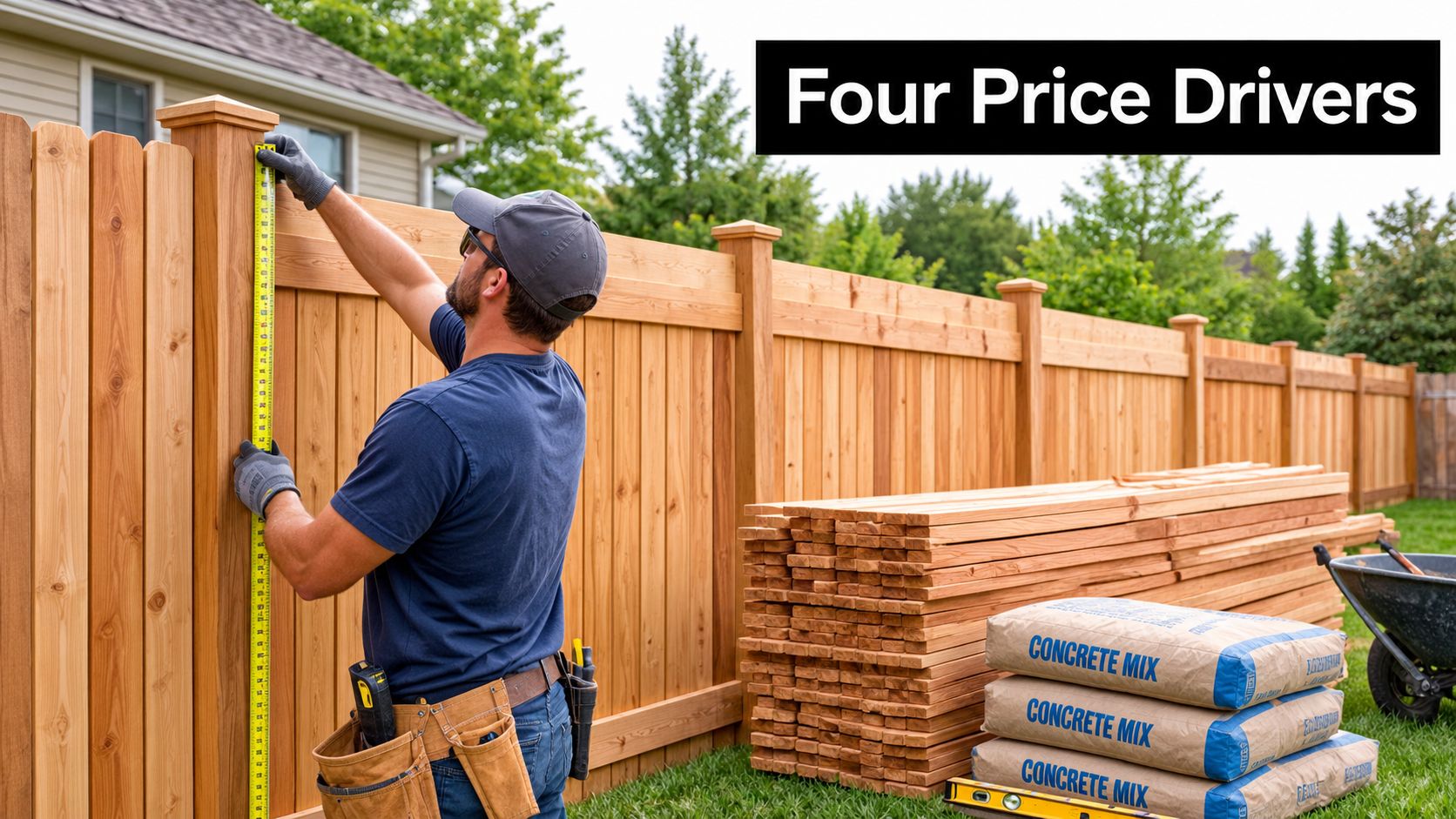 A construction worker measuring a newly installed cedar wooden fence with a yellow measuring tape outdoors.