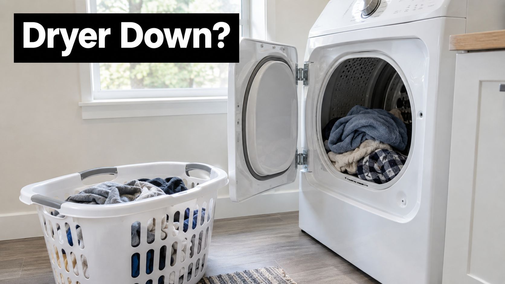 A white clothes dryer with an open door next to a full laundry basket in a room.