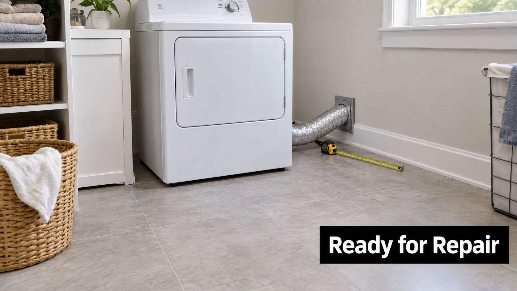 A white clothes dryer connected to a wall vent in a laundry room with a measuring tape nearby.