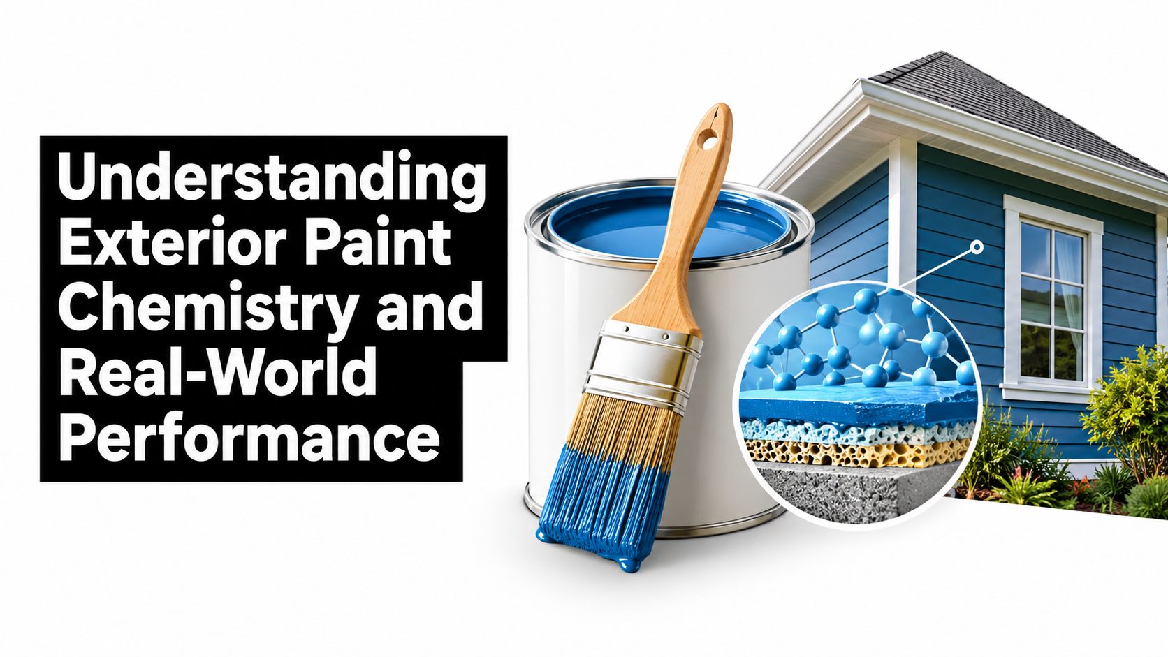 A paint brush rests on a can of blue paint in front of a house exterior illustration.