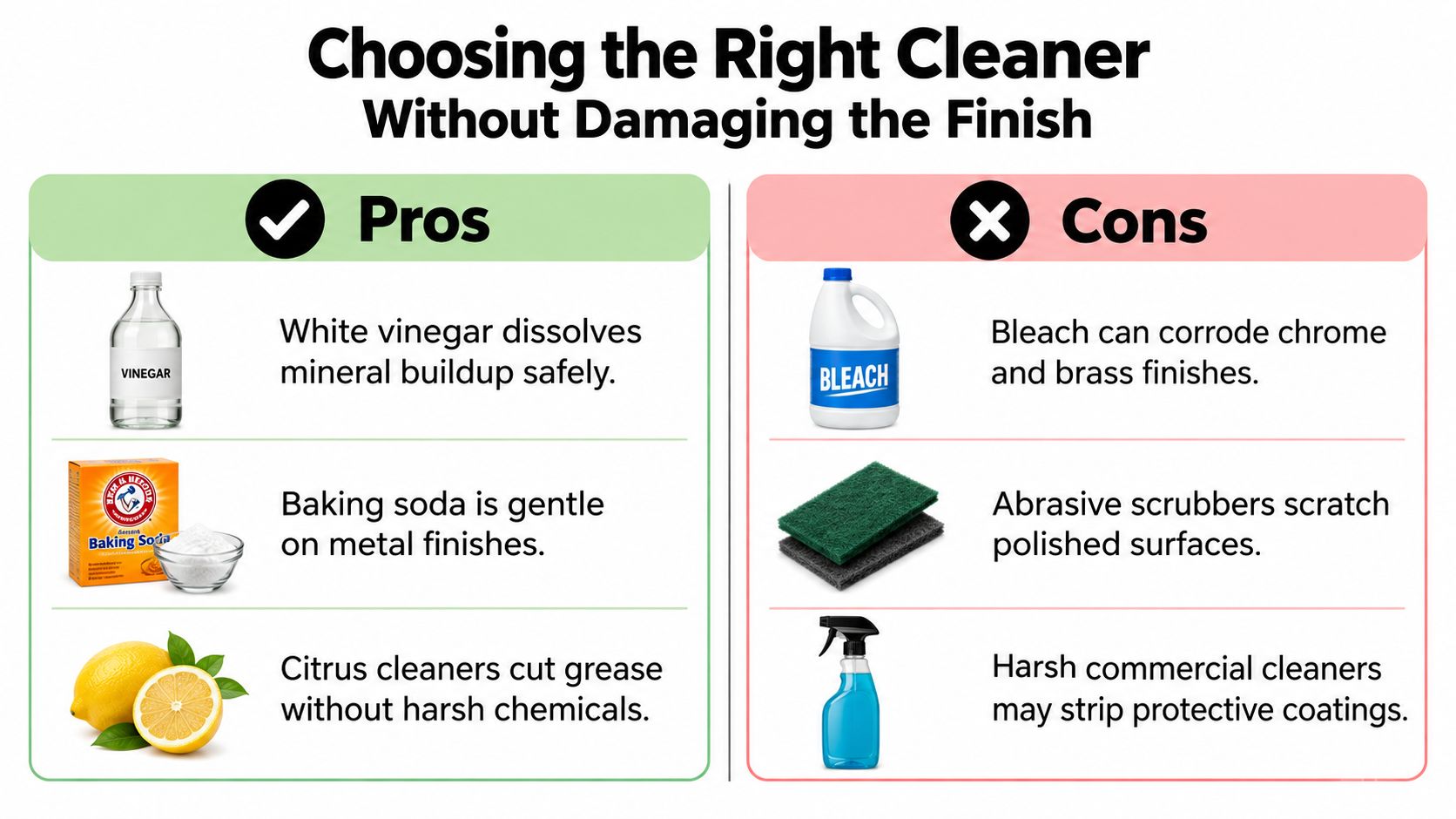 An infographic comparing household cleaning products and methods for safe use on various surface finishes.