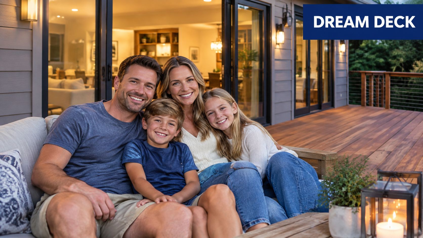 A happy family of four sitting on a comfortable couch on their beautiful wooden backyard deck outdoors.