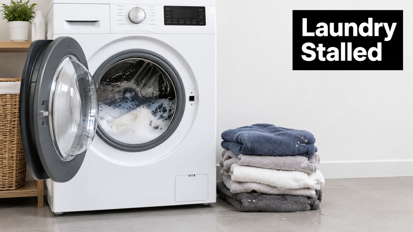 A white front-load washing machine with an open door and a pile of folded towels nearby.