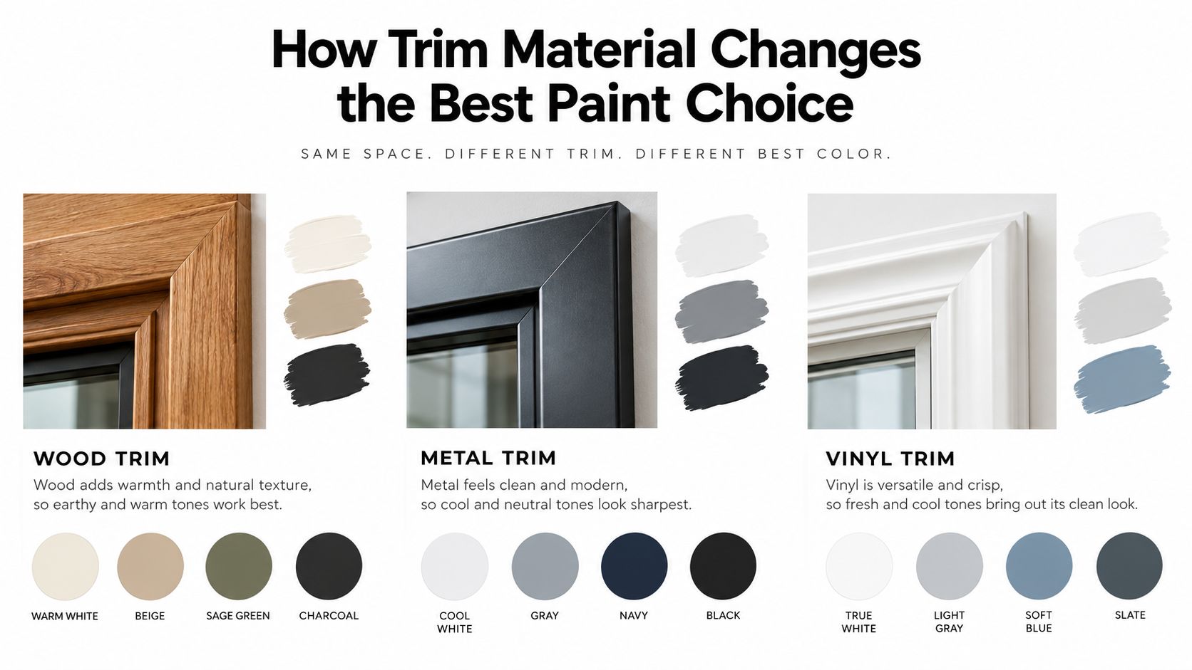 A graphic showing how different trim materials like wood, metal, and vinyl influence the best paint color choices.