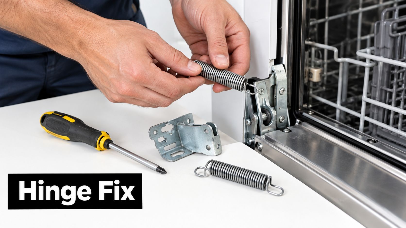 A technician holds a replacement metal spring for a dishwasher hinge repair job on a workbench.