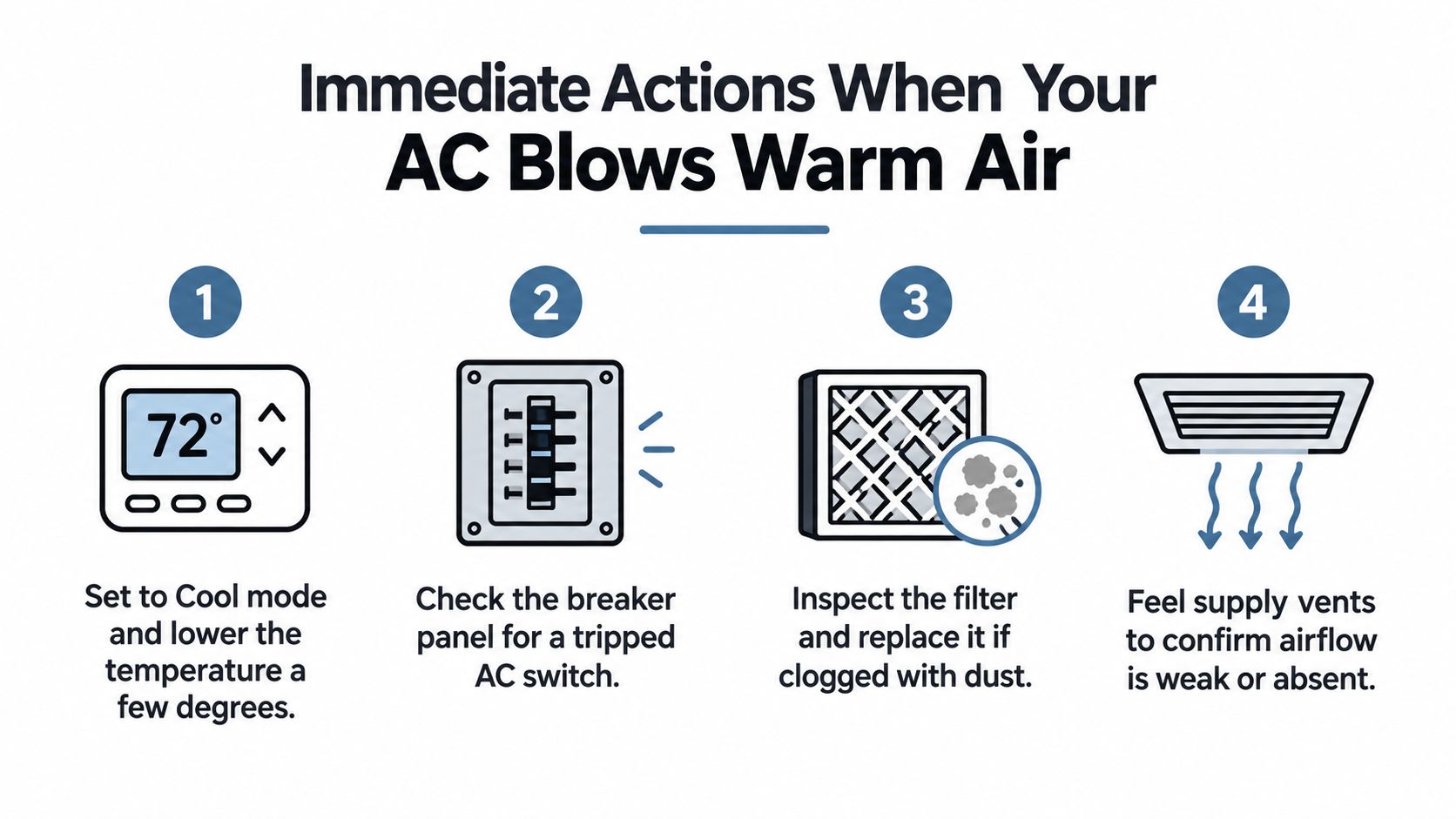 An infographic showing four steps to troubleshoot an air conditioner that is blowing warm air.