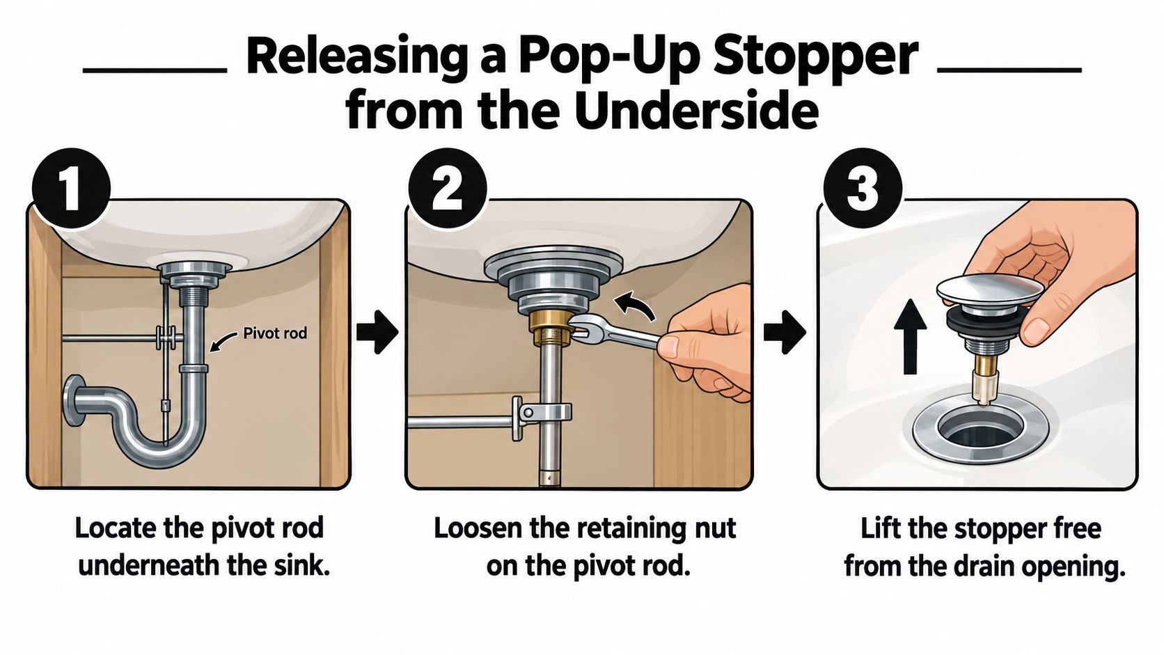A three-step diagram demonstrating how to remove a bathroom sink pop-up stopper from underneath the drain.