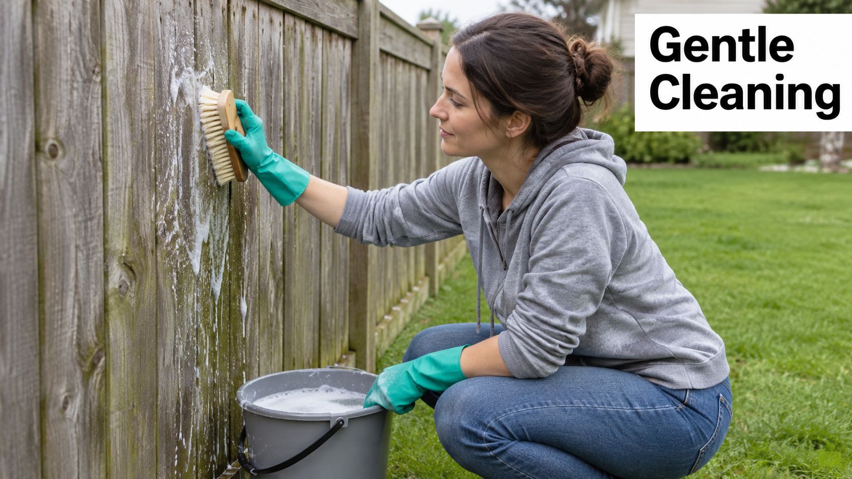 A woman wearing green cleaning gloves gently scrubbing a weathered wooden fence with soapy water in her backyard.