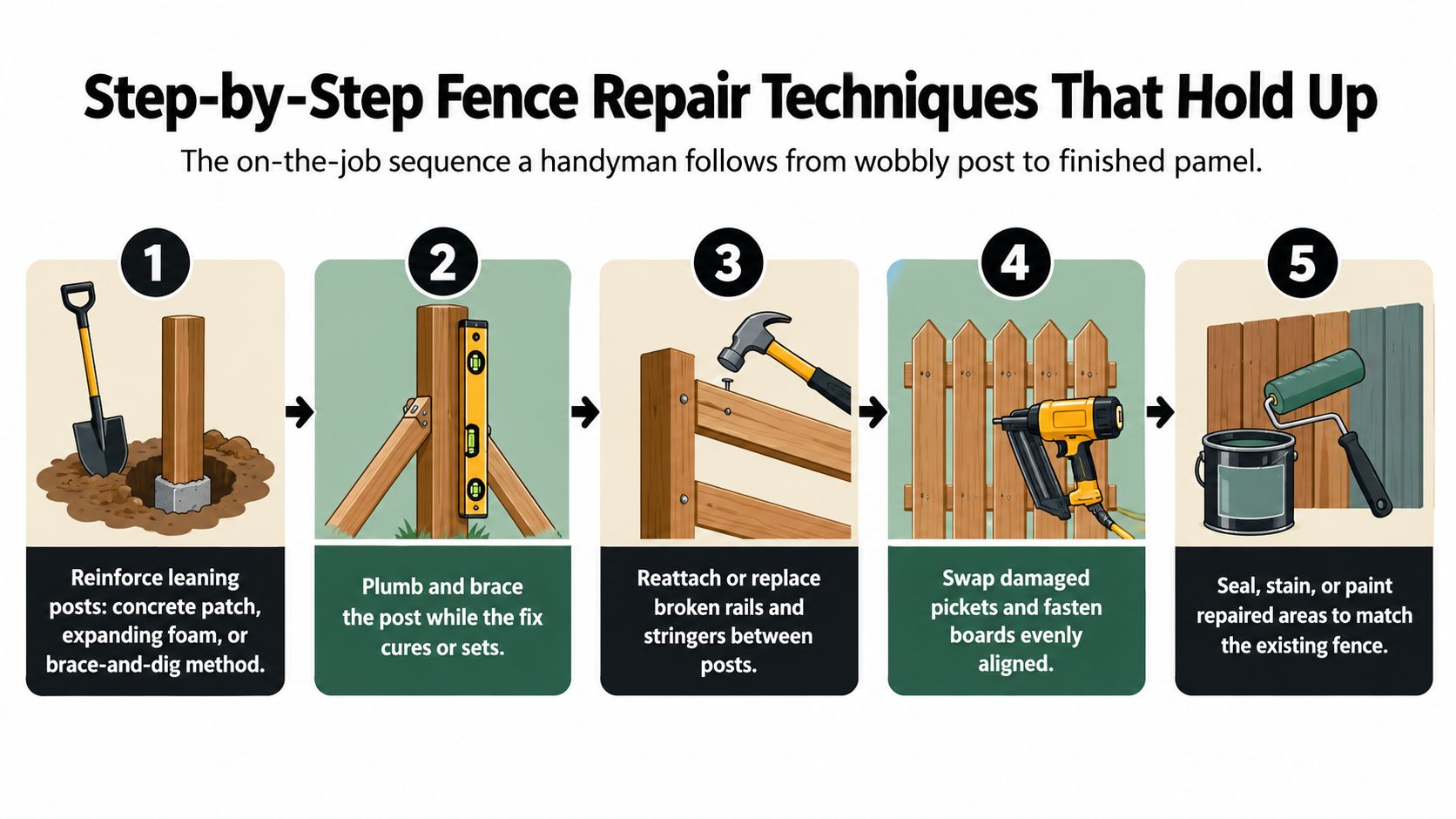 A step-by-step infographic illustrating five essential techniques for repairing a wobbly wooden fence.