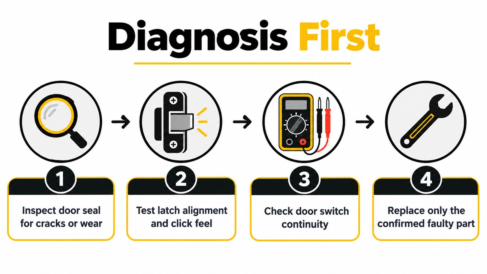 A step-by-step infographic showing the diagnosis process for fixing a dishwasher door with four icons.