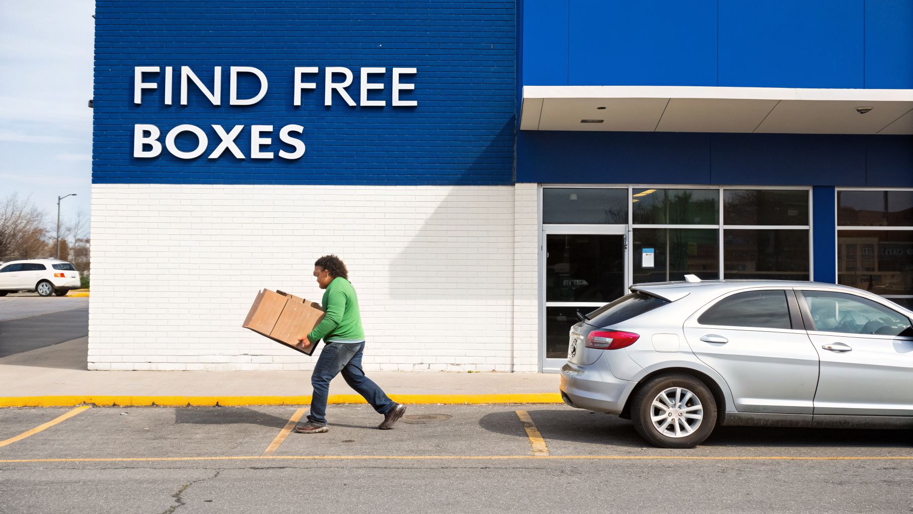 A man carries free cardboard boxes from a blue and white brick building with a sign.