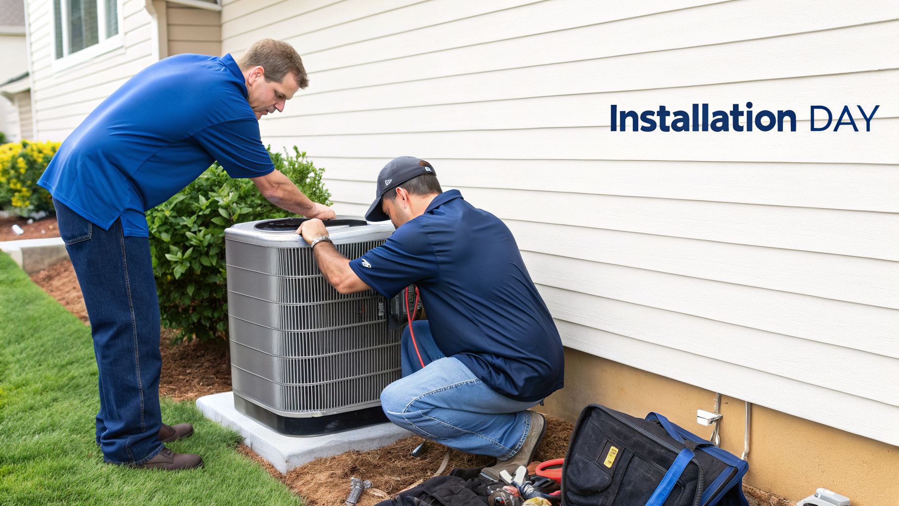 Two HVAC technicians installing an outdoor air conditioning unit next to a house.