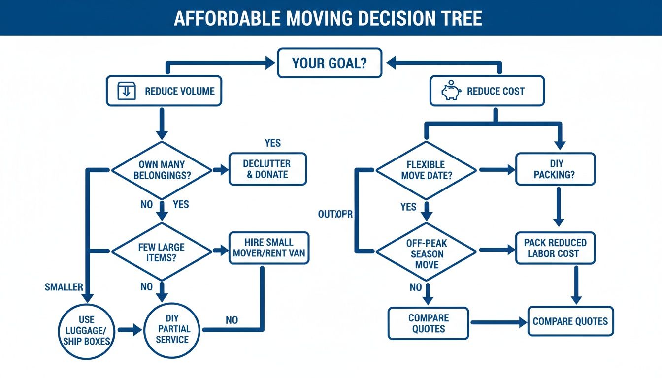 An affordable moving decision tree flowchart outlining strategies to reduce volume or cost.