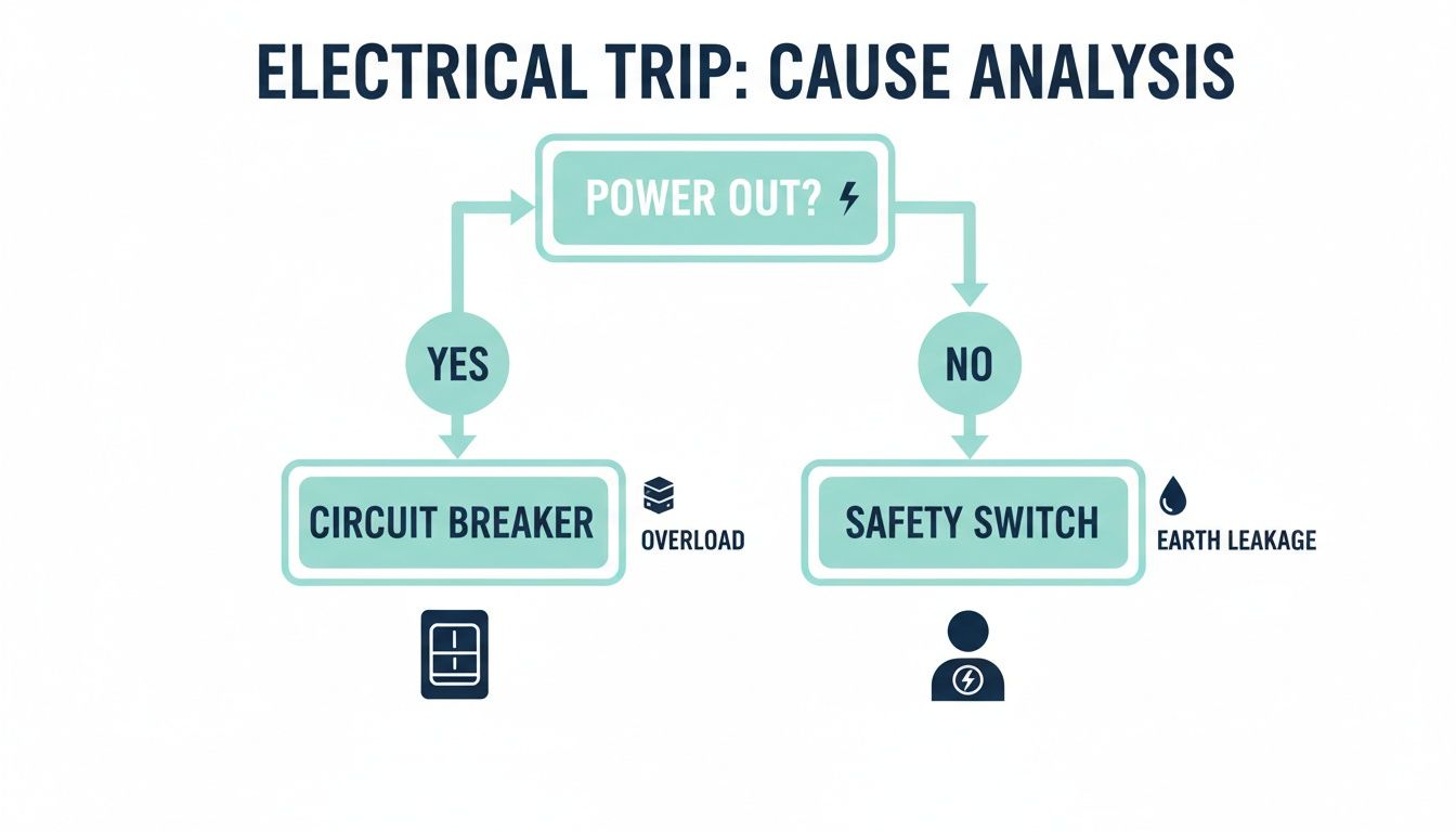 A flowchart analyzing electrical trip causes, showing circuit breaker overload or safety switch earth leakage.