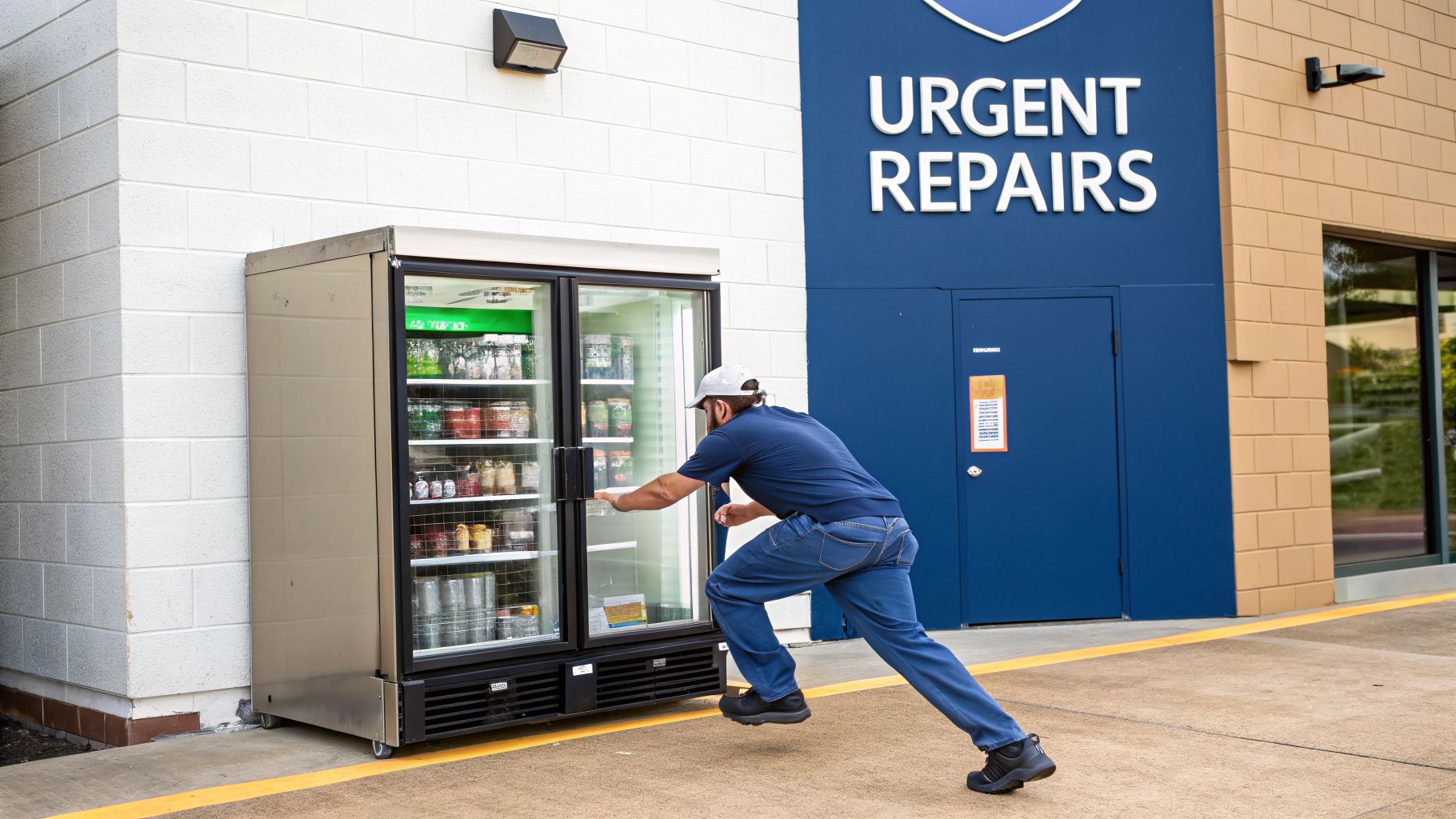 A man in a blue shirt and cap restocking a commercial double-door refrigerator outside a building.