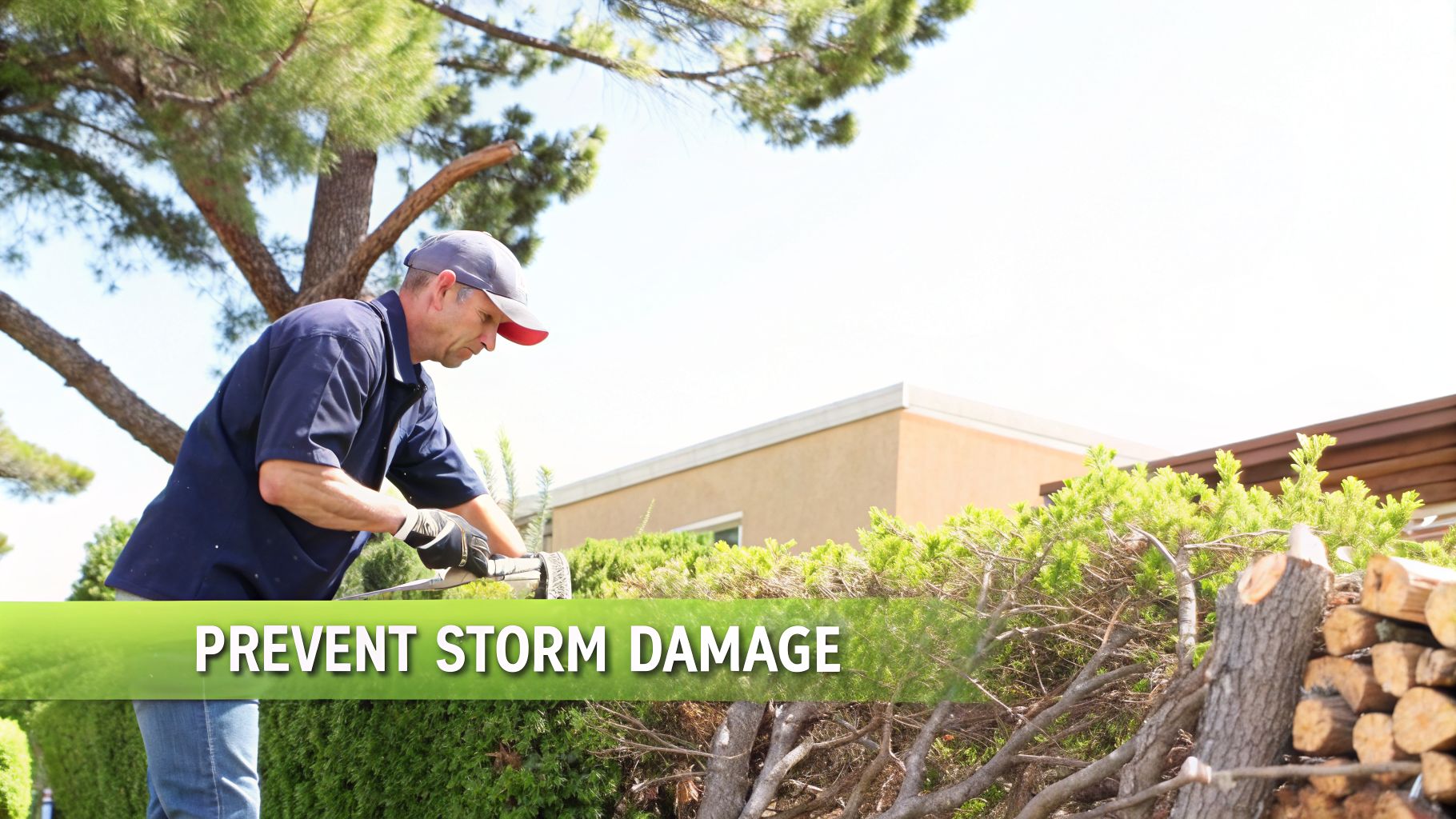 A man in a cap and gloves uses a hedge trimmer to prune bushes, preventing storm damage.