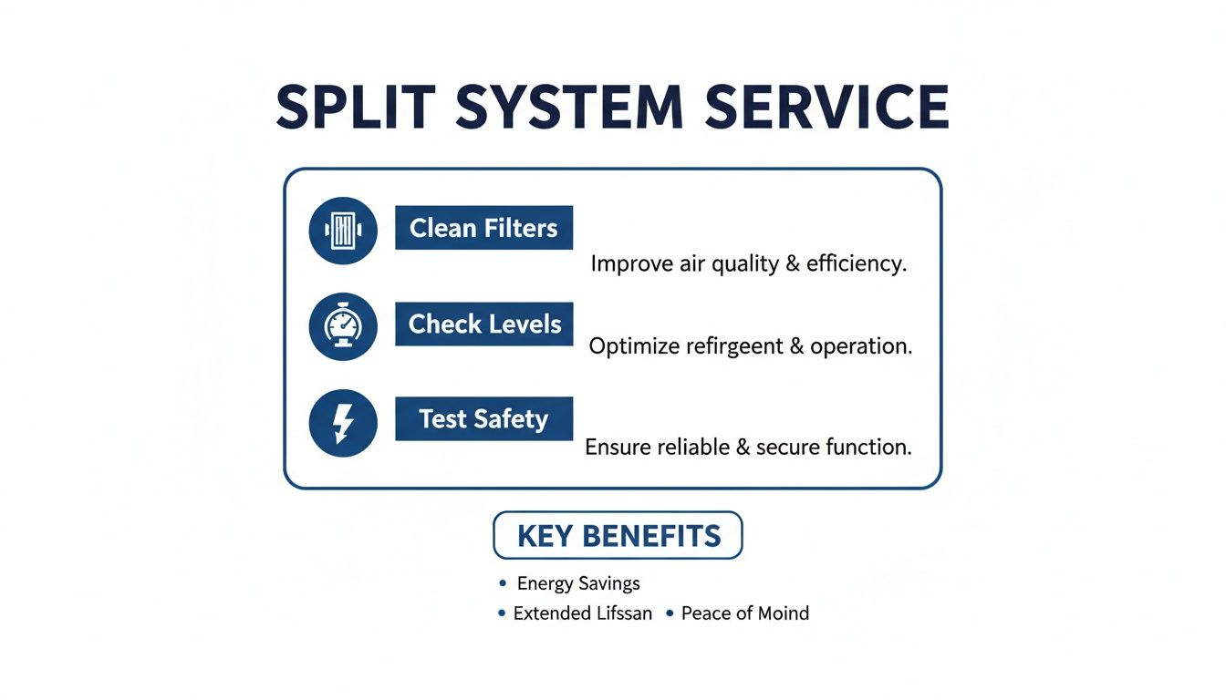 Diagram outlining split system air conditioning service steps and key benefits like improved air quality and energy savings.