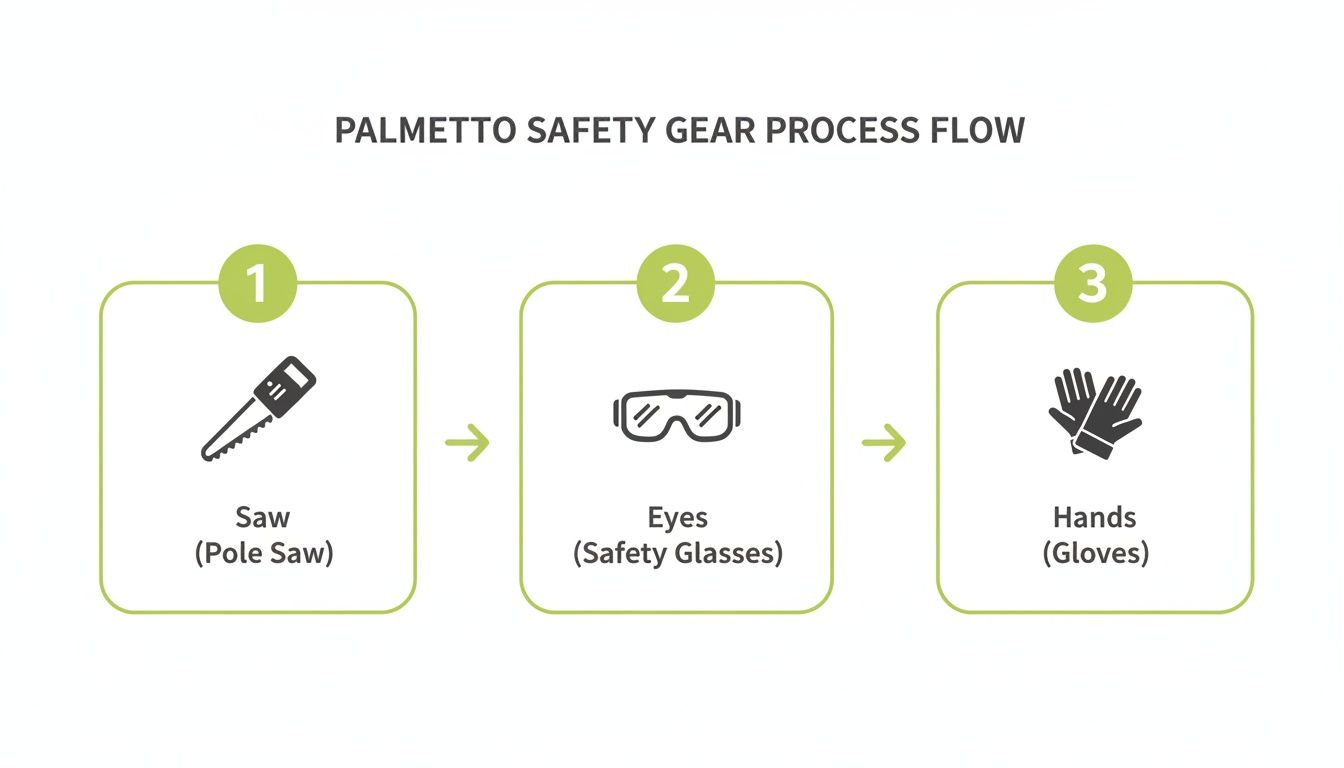Palmetto safety gear process flow, illustrating required equipment for saw use: pole saw, safety glasses, and gloves.