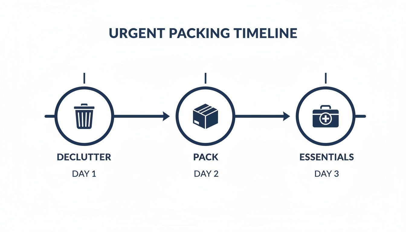 An urgent packing timeline illustrating three steps: declutter on Day 1, pack on Day 2, and essentials on Day 3.