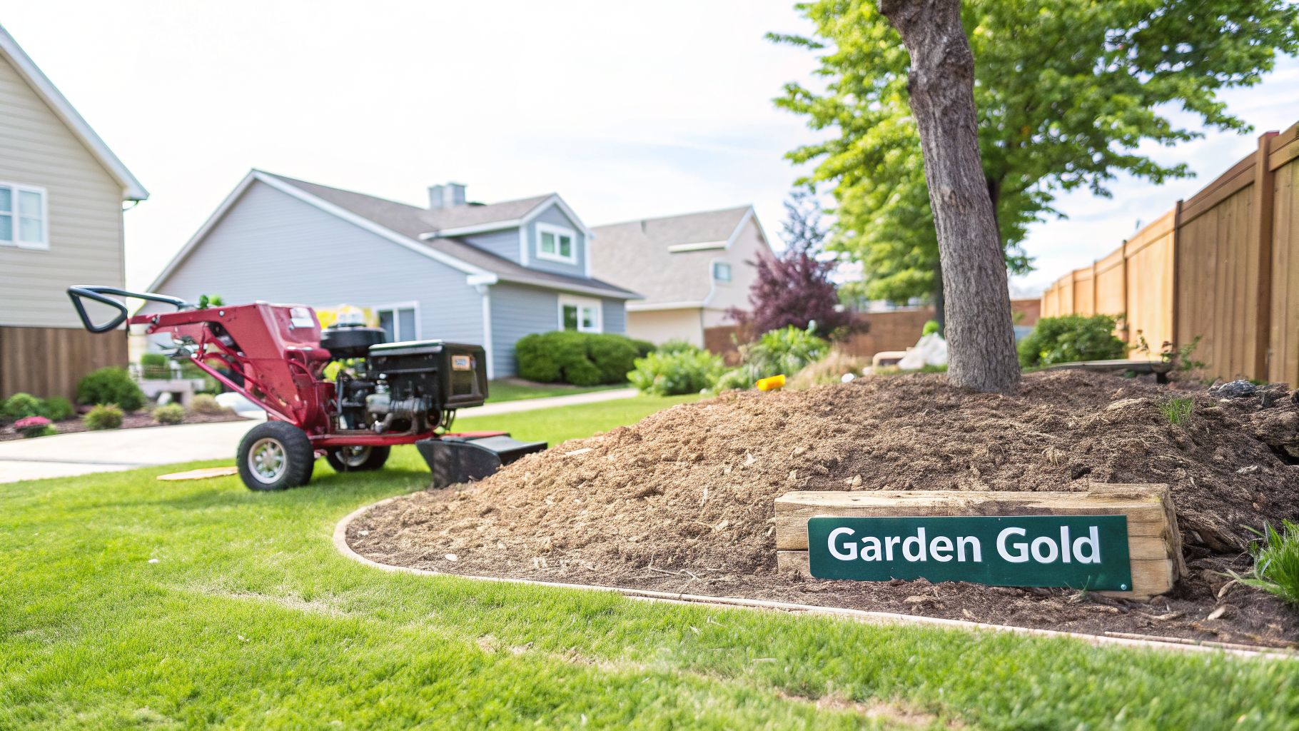 Fresh wood mulch around a tree in a residential yard with a red wood chipper and a 'Garden Gold' sign.