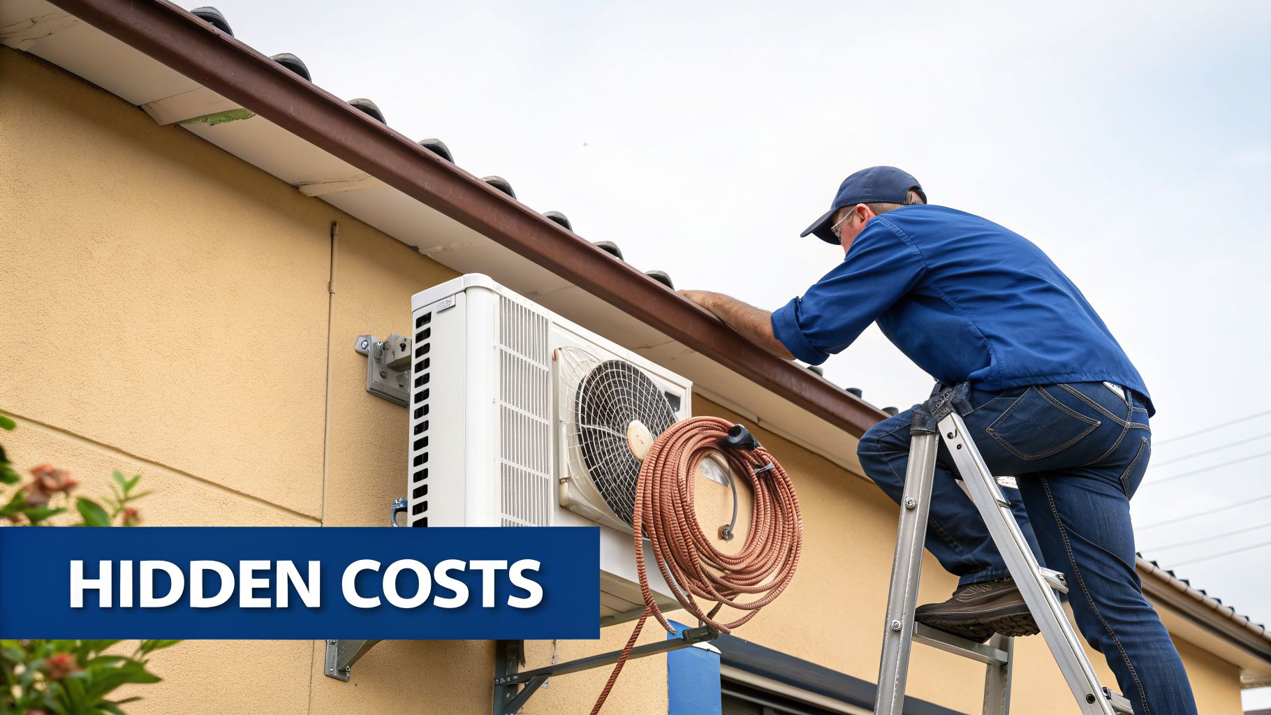 A technician on a ladder working on an outdoor split AC unit mounted on a house wall.