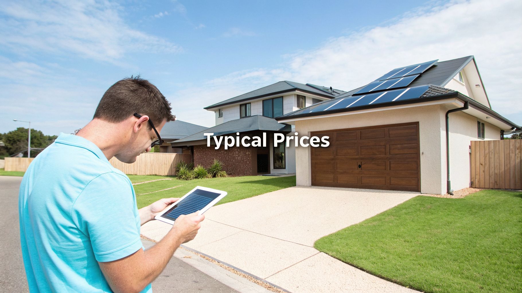 A man uses a tablet to assess modern houses with solar panels on a sunny day.