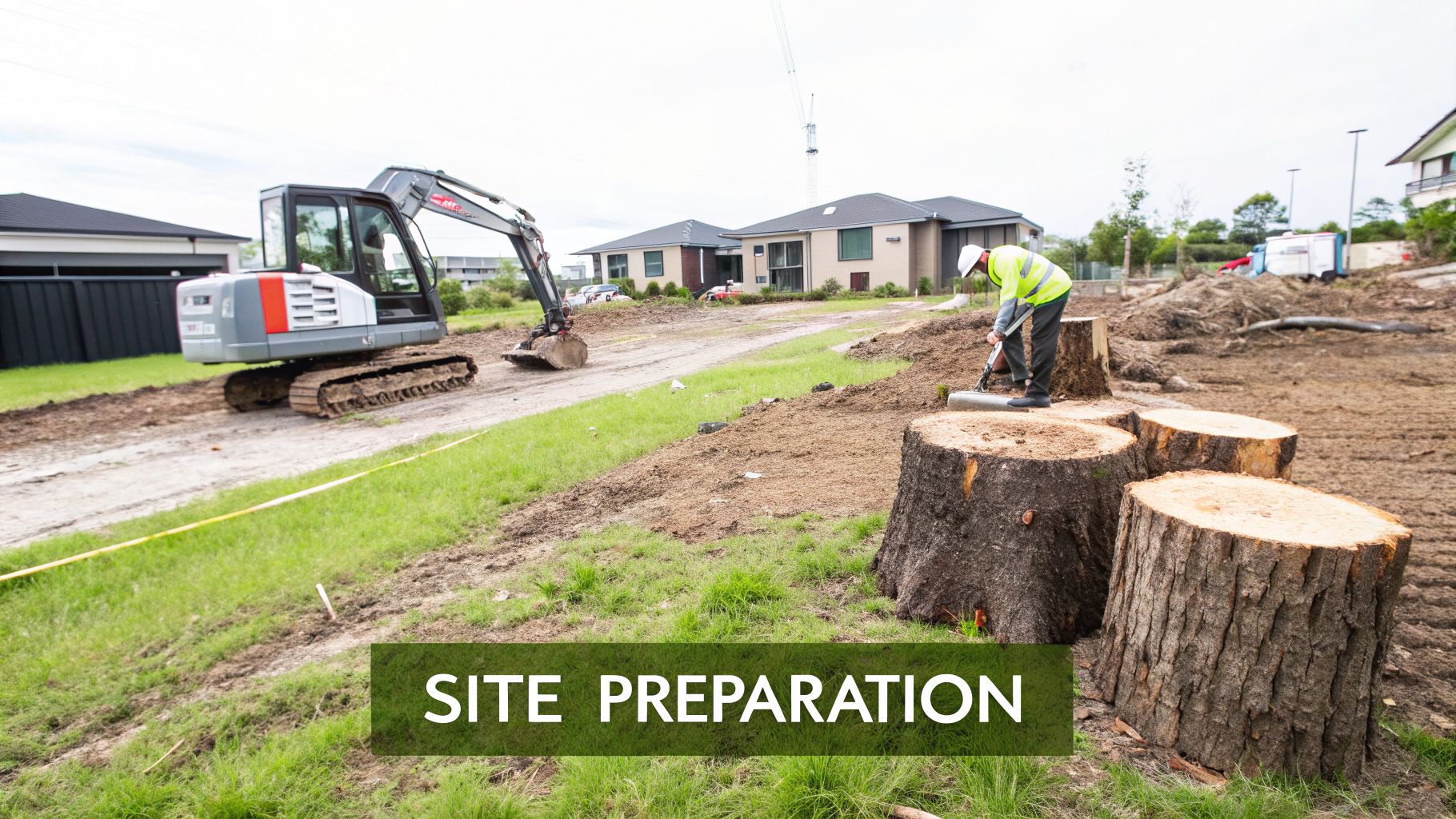 A construction worker with an excavator at a site clearing project, with houses in the background and tree stumps in the foreground.