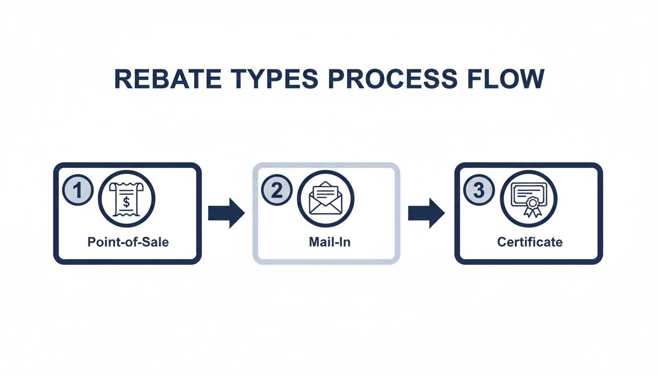 A process flow diagram illustrating three types of rebates: Point-of-Sale, Mail-In, and Certificate.