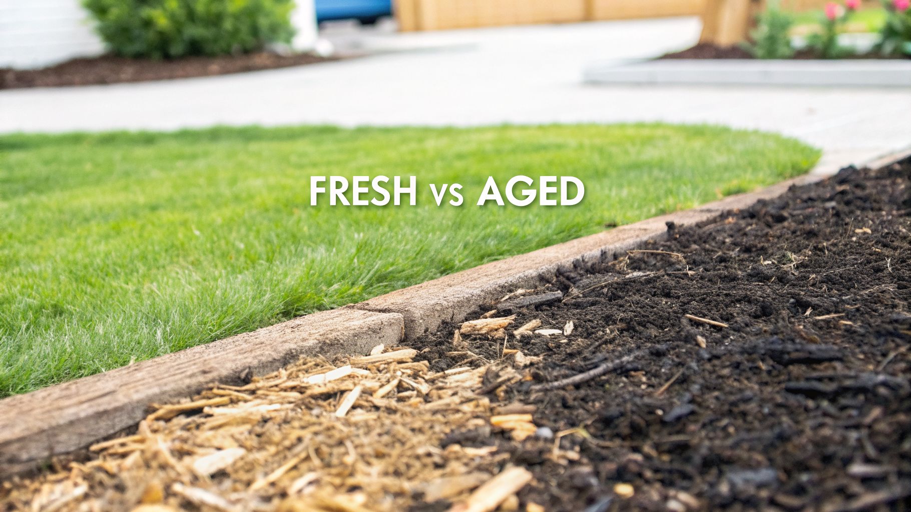 Close-up comparison of fresh light brown wood chip mulch next to dark aged decomposed mulch.