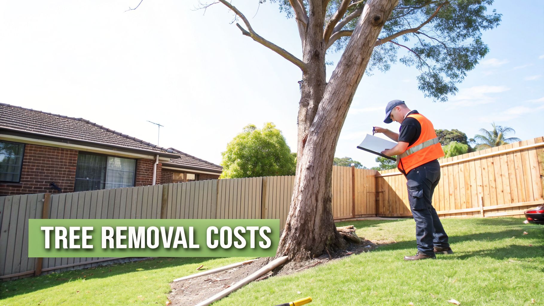 A professional arborist in an orange safety vest inspects a large tree for removal in a backyard.