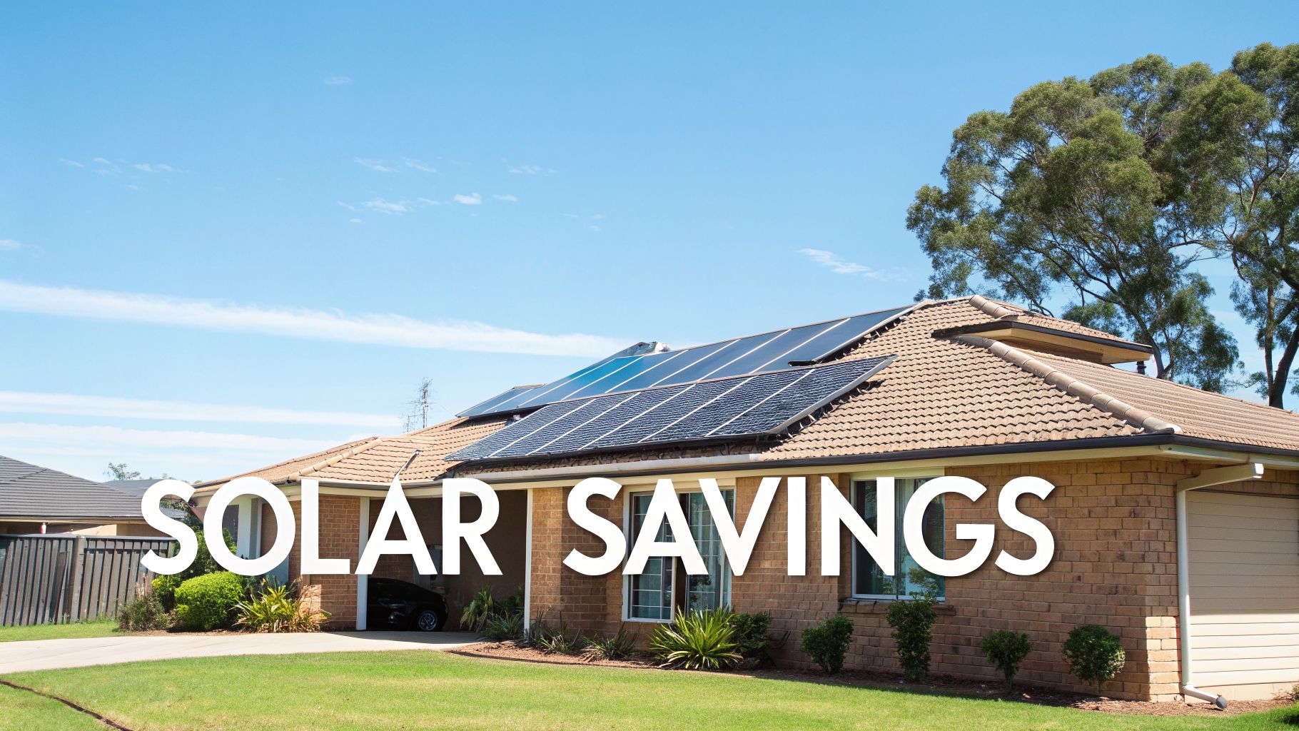 A brick house with a tiled roof featuring solar panels under a clear blue sky, with 'SOLAR SAVINGS' text.