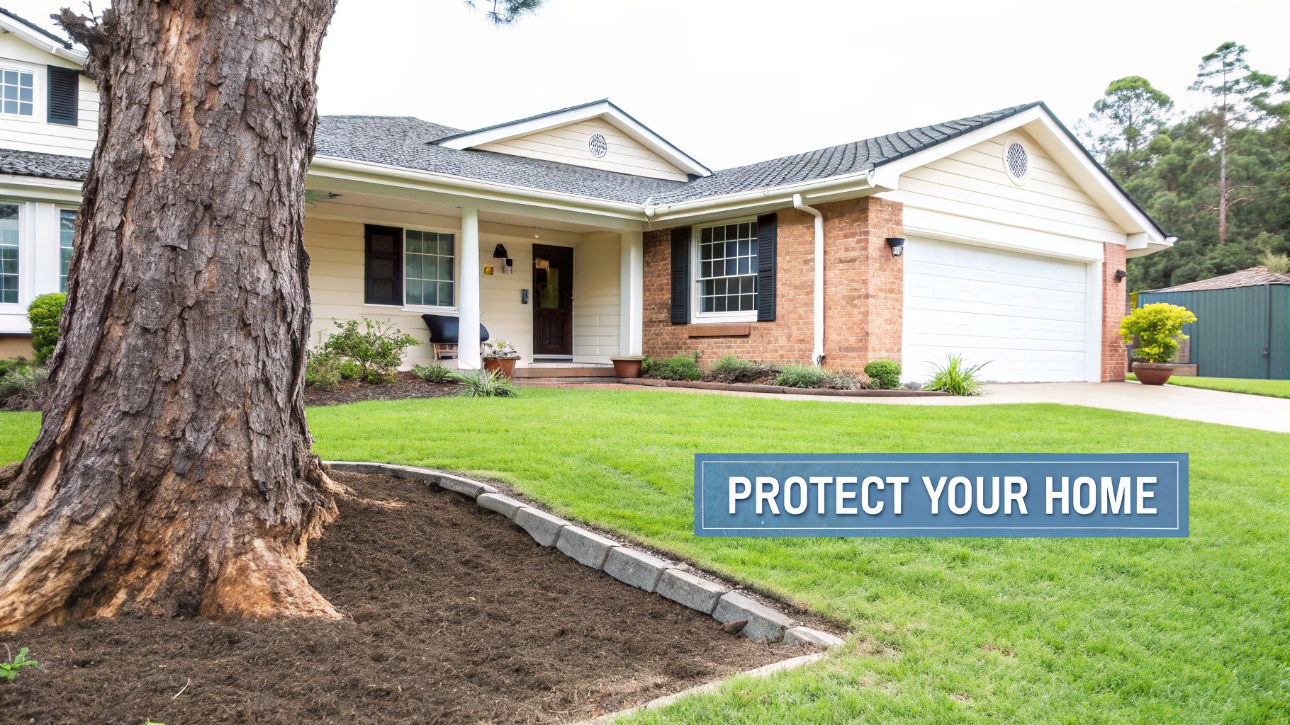A large tree with visible roots in a manicured lawn, positioned in front of a suburban house. A blue banner states 'PROTECT YOUR HOME'.