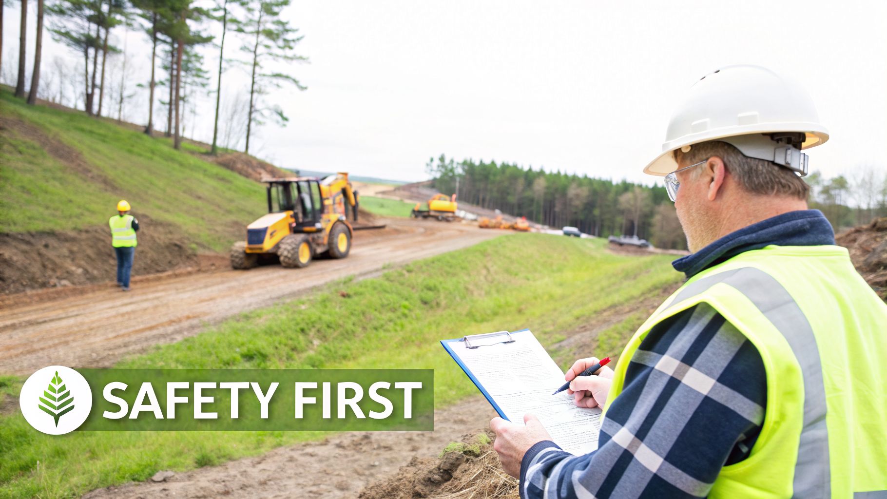 Construction manager in safety vest reviews documents on a clipboard at a busy site, emphasizing 'SAFETY FIRST'.