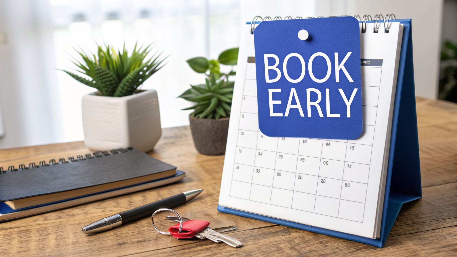 A desk calendar with a blue note saying 'BOOK EARLY', alongside a pen, keys, and plants.