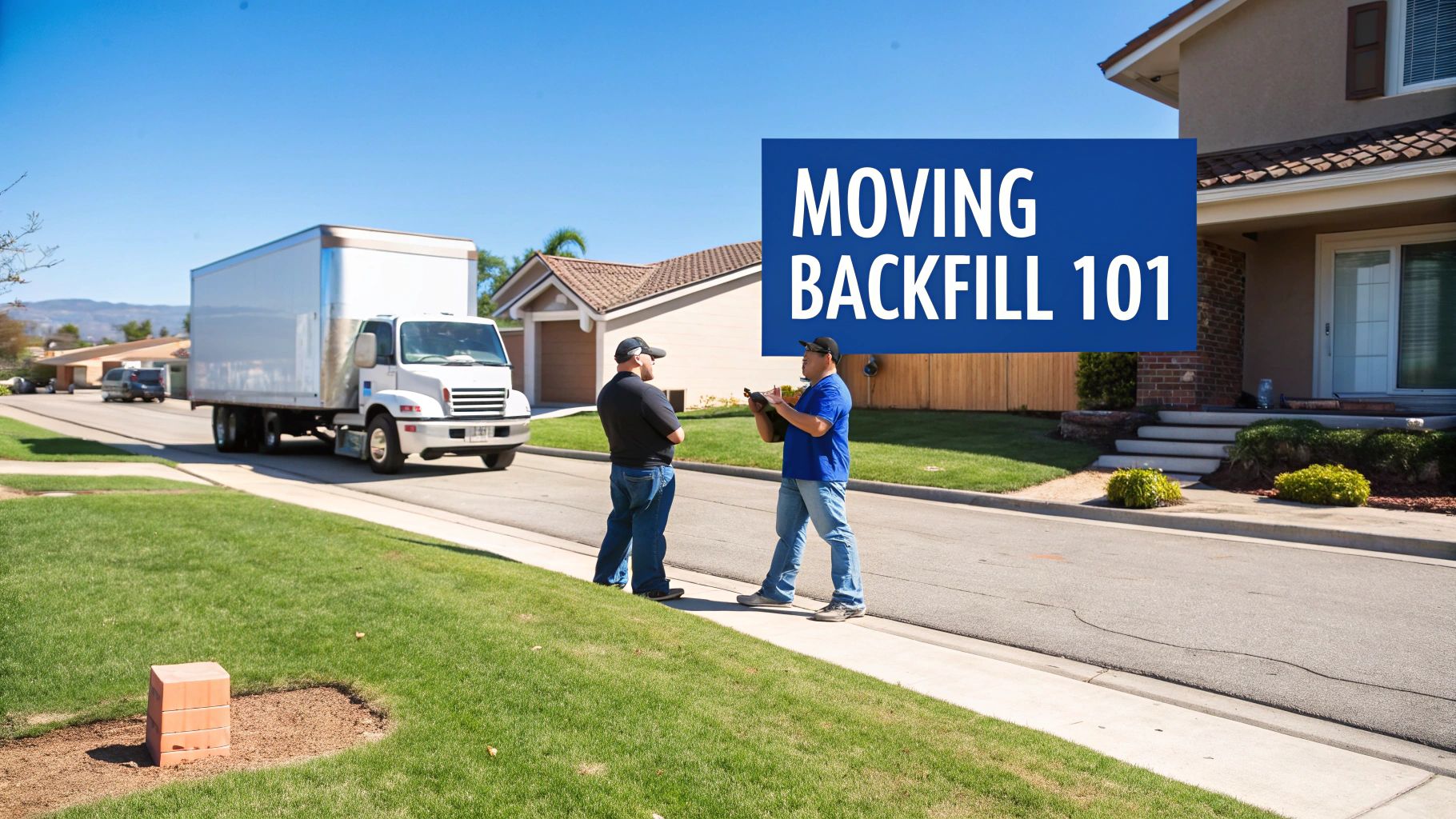 A white moving truck is parked on a suburban street with two men talking beside it.