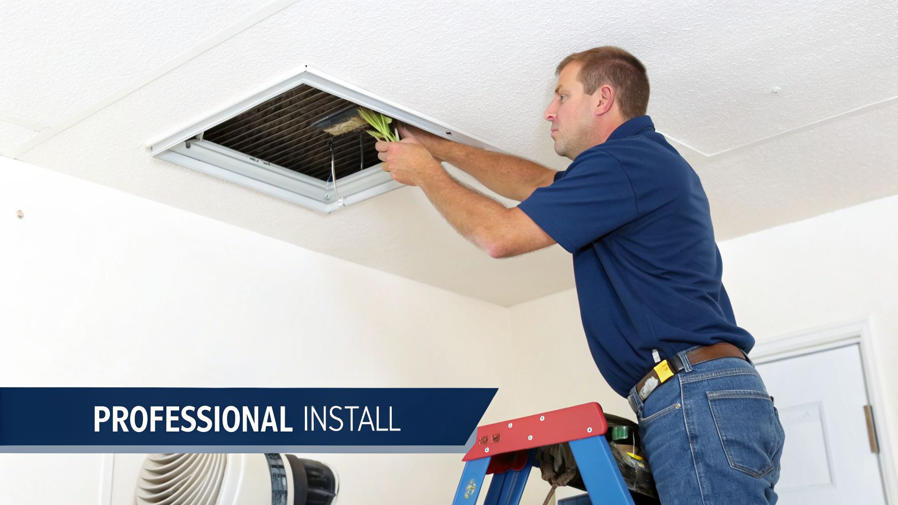 A professional technician on a ladder installing or servicing a ceiling air conditioning unit.