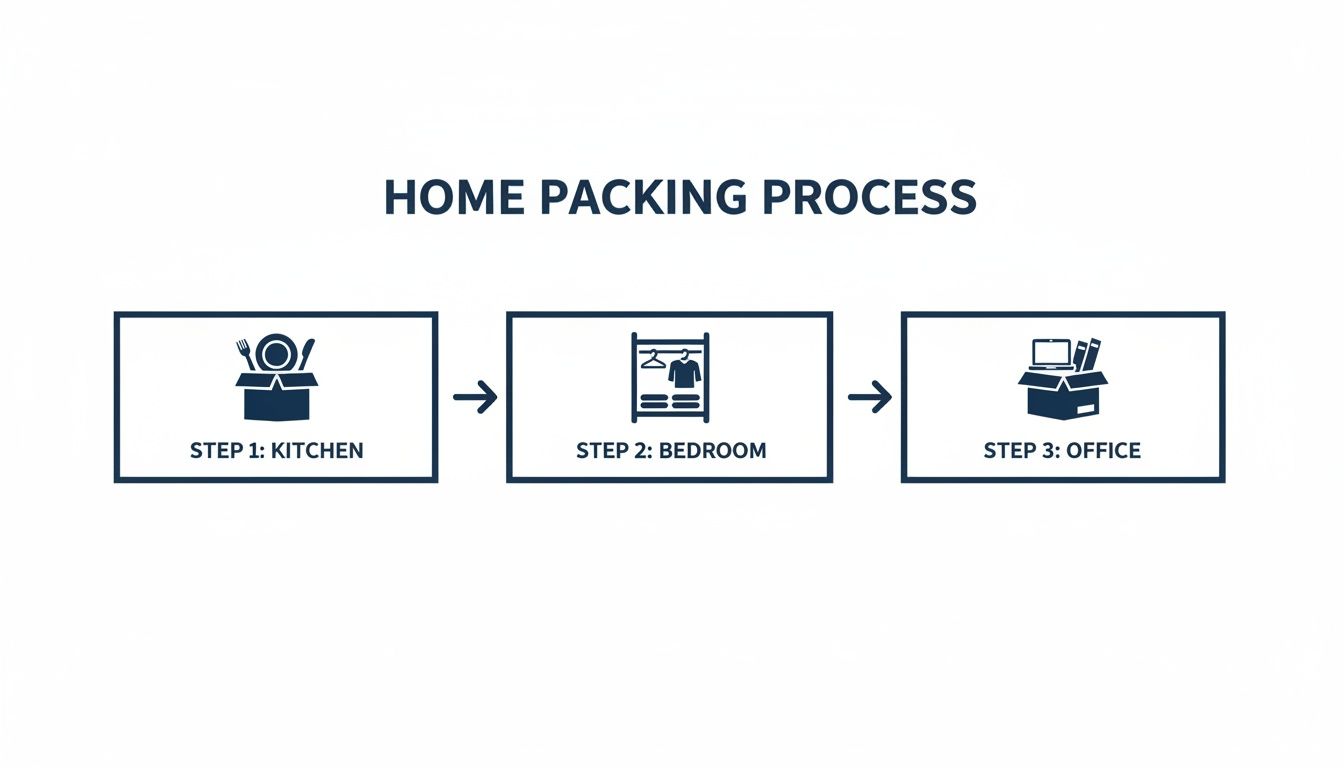 An infographic illustrating the home packing process in three steps: kitchen, bedroom, and office.
