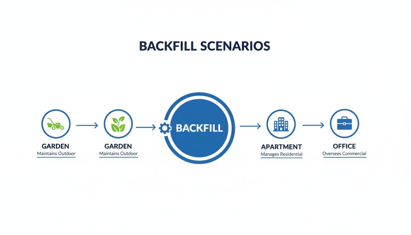 A process flow diagram illustrates backfill scenarios, connecting garden maintenance to apartment and office management.