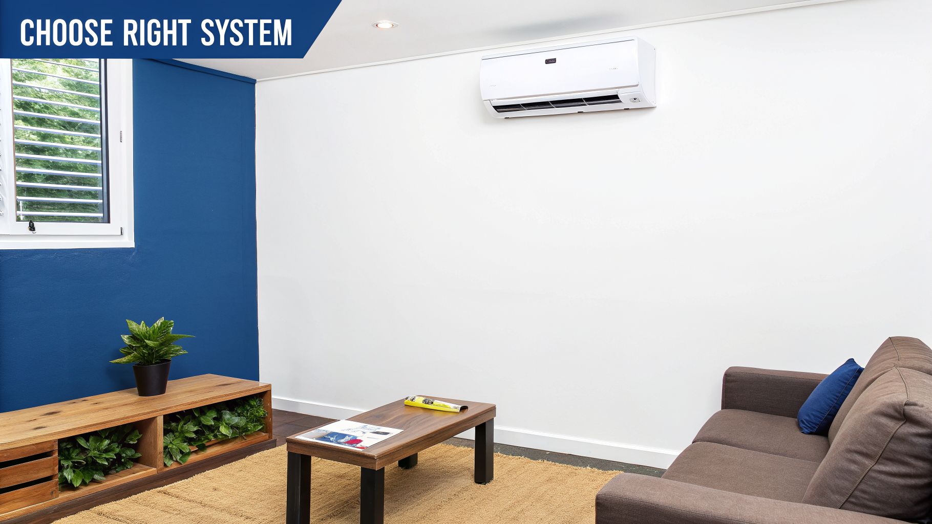 Modern room with white and blue walls, featuring a white AC unit above a sofa.