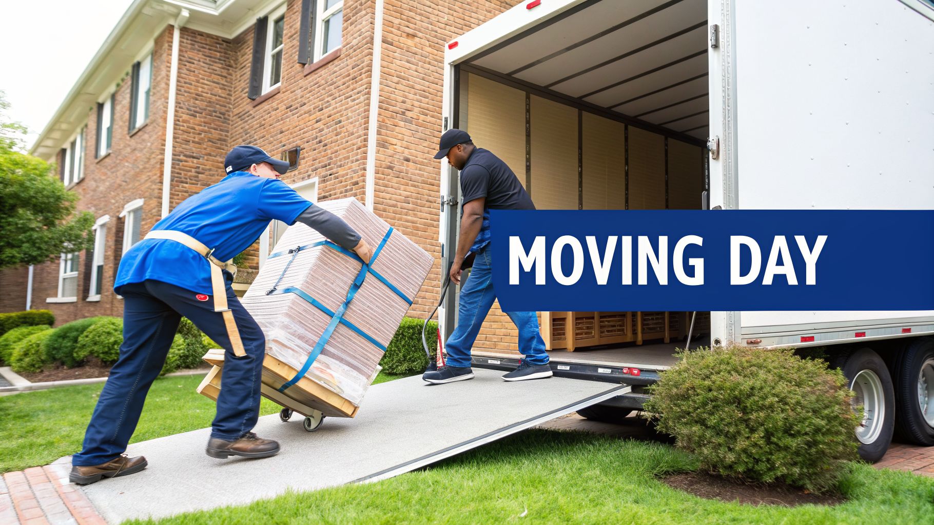 Two movers load a large package onto a truck ramp on 'Moving Day' with a house nearby.