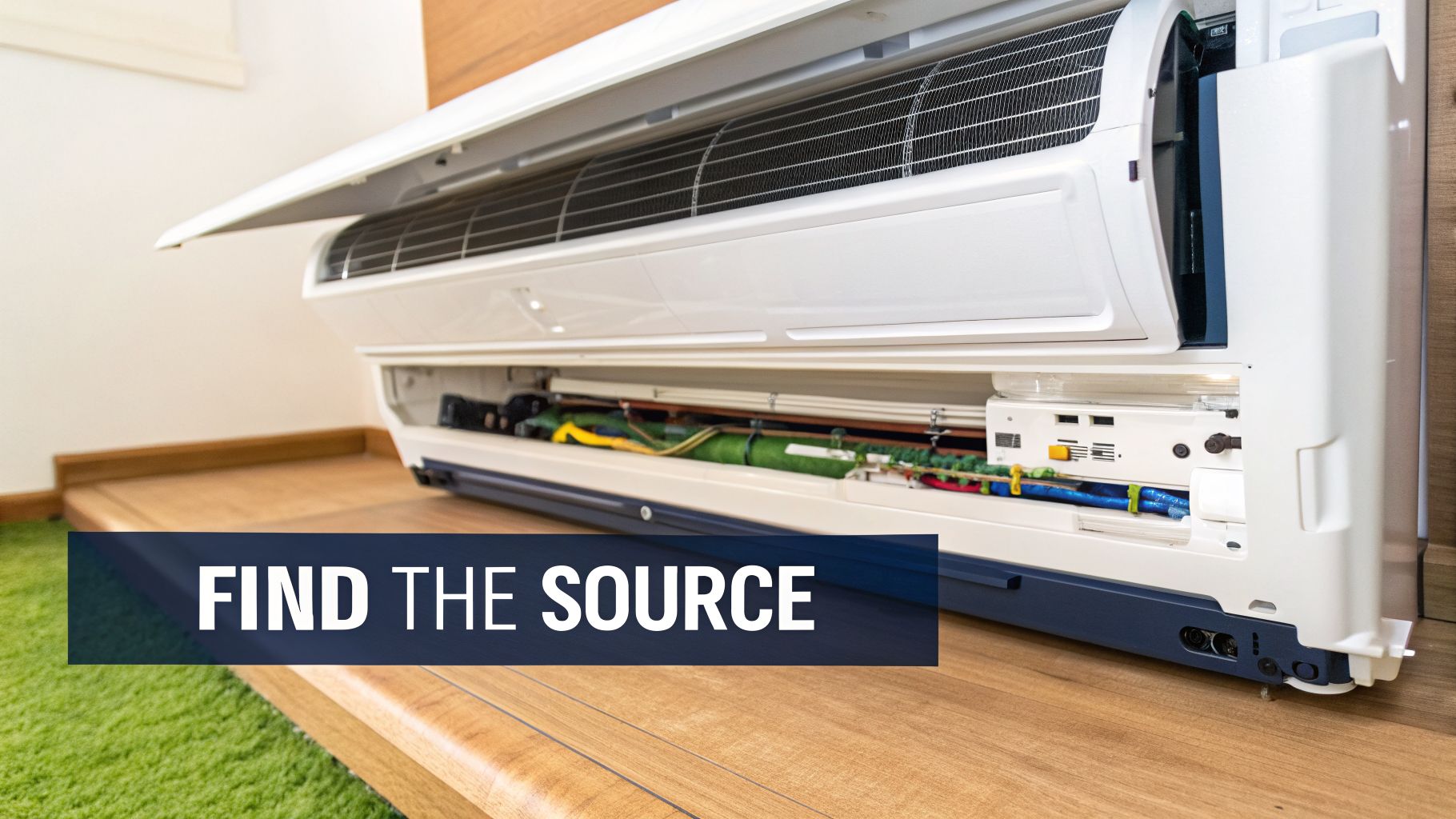 An open air conditioner unit revealing its internal components, wiring, and pipes, with 'FIND THE SOURCE' banner.