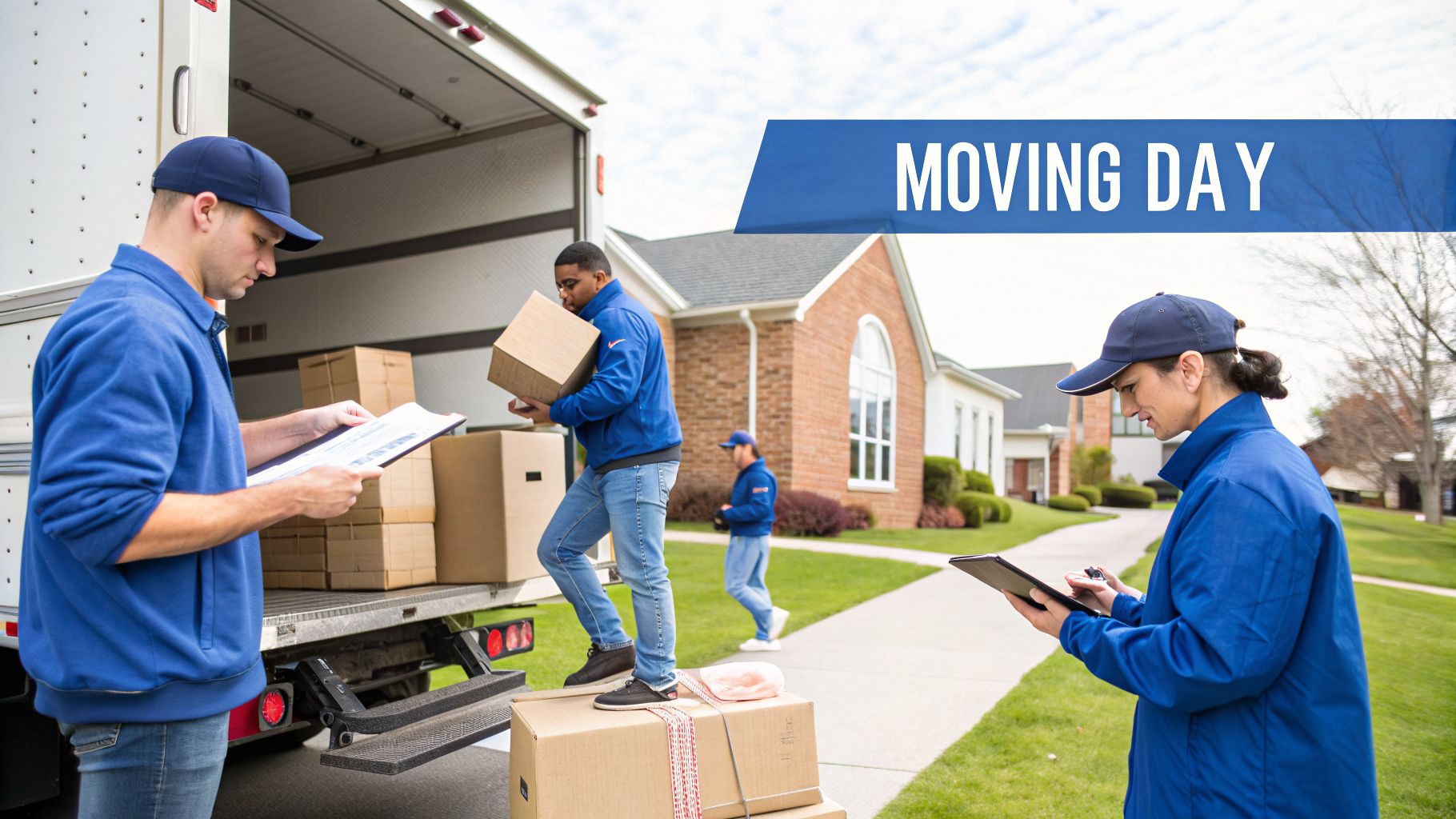 Professional movers in blue uniforms loading cardboard boxes onto a truck outside residential homes.