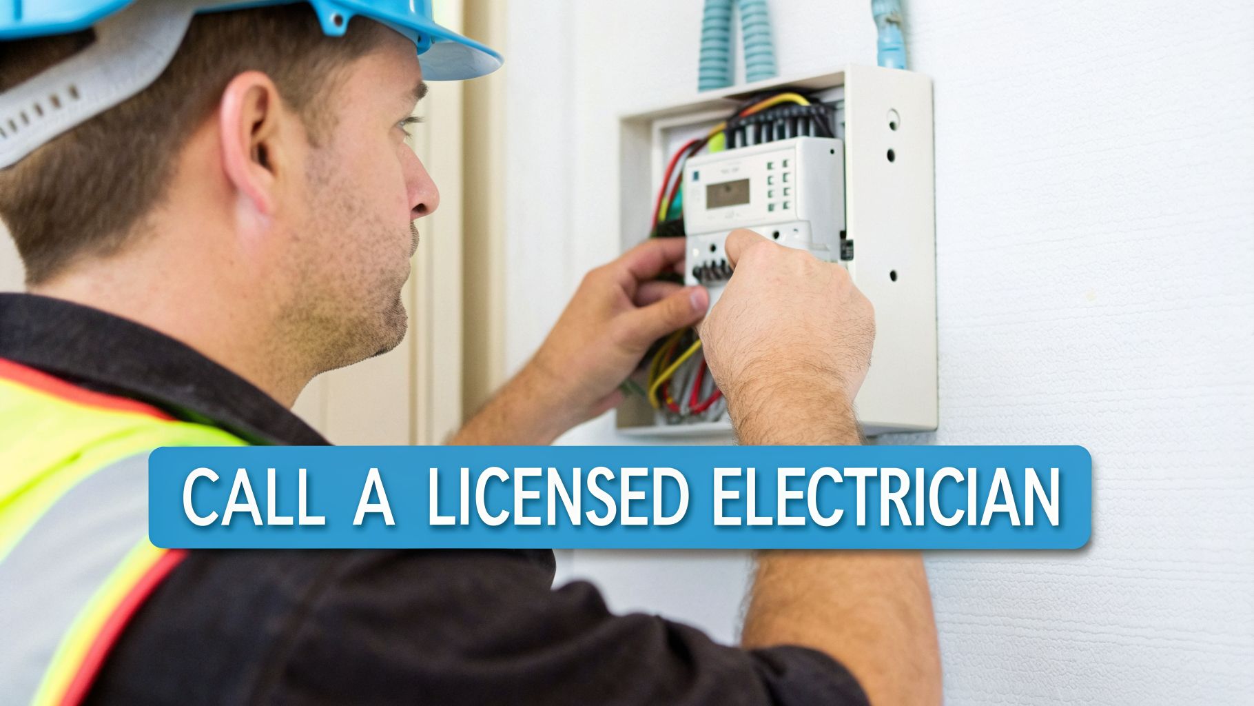 A licensed electrician wearing a hard hat and safety vest, connecting wires in an electrical panel.