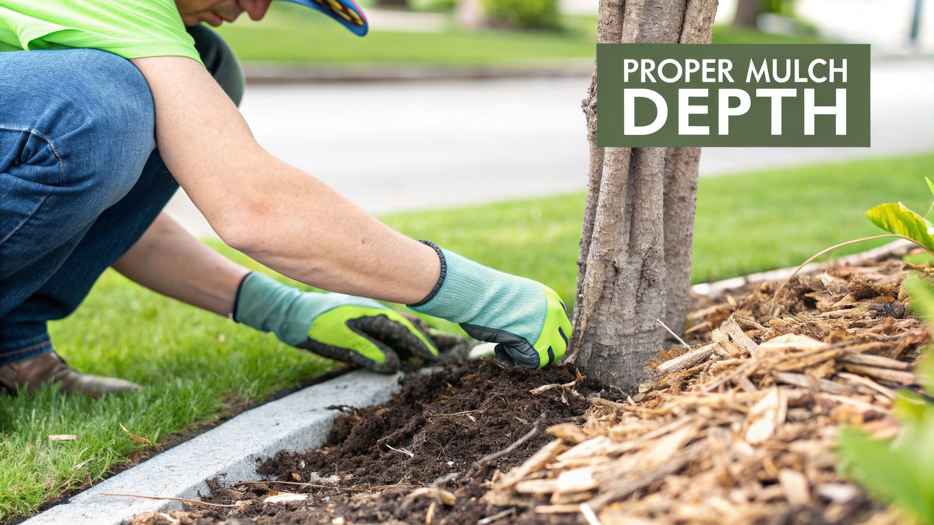 Gardener wearing gloves adding mulch around a tree trunk, demonstrating proper mulch depth for plant health.
