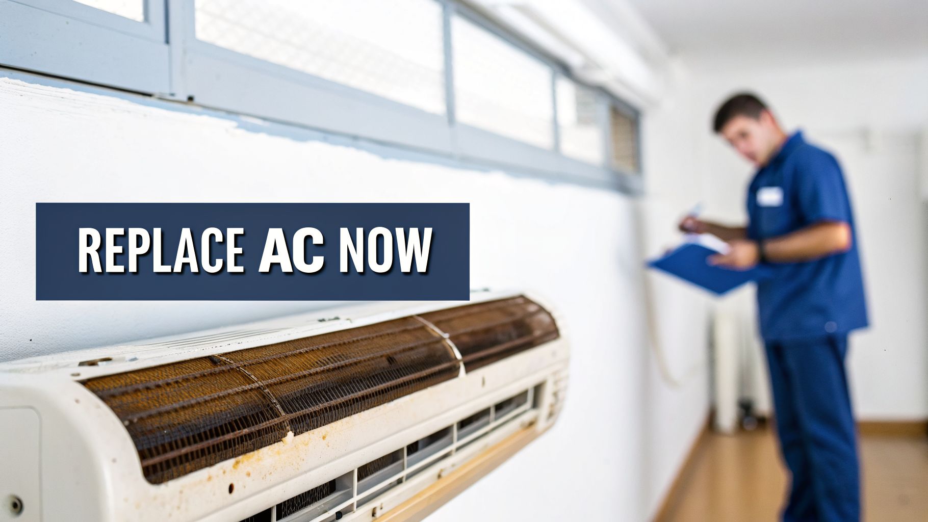 A technician inspects a severely corroded and dirty indoor AC unit with text 'REPLACE AC NOW'.